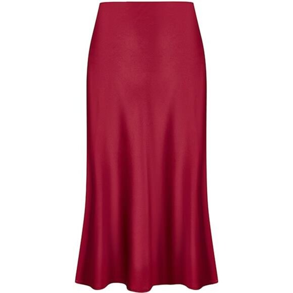 Women Midi Length High Waist Satin Red - Picture 1 of 6